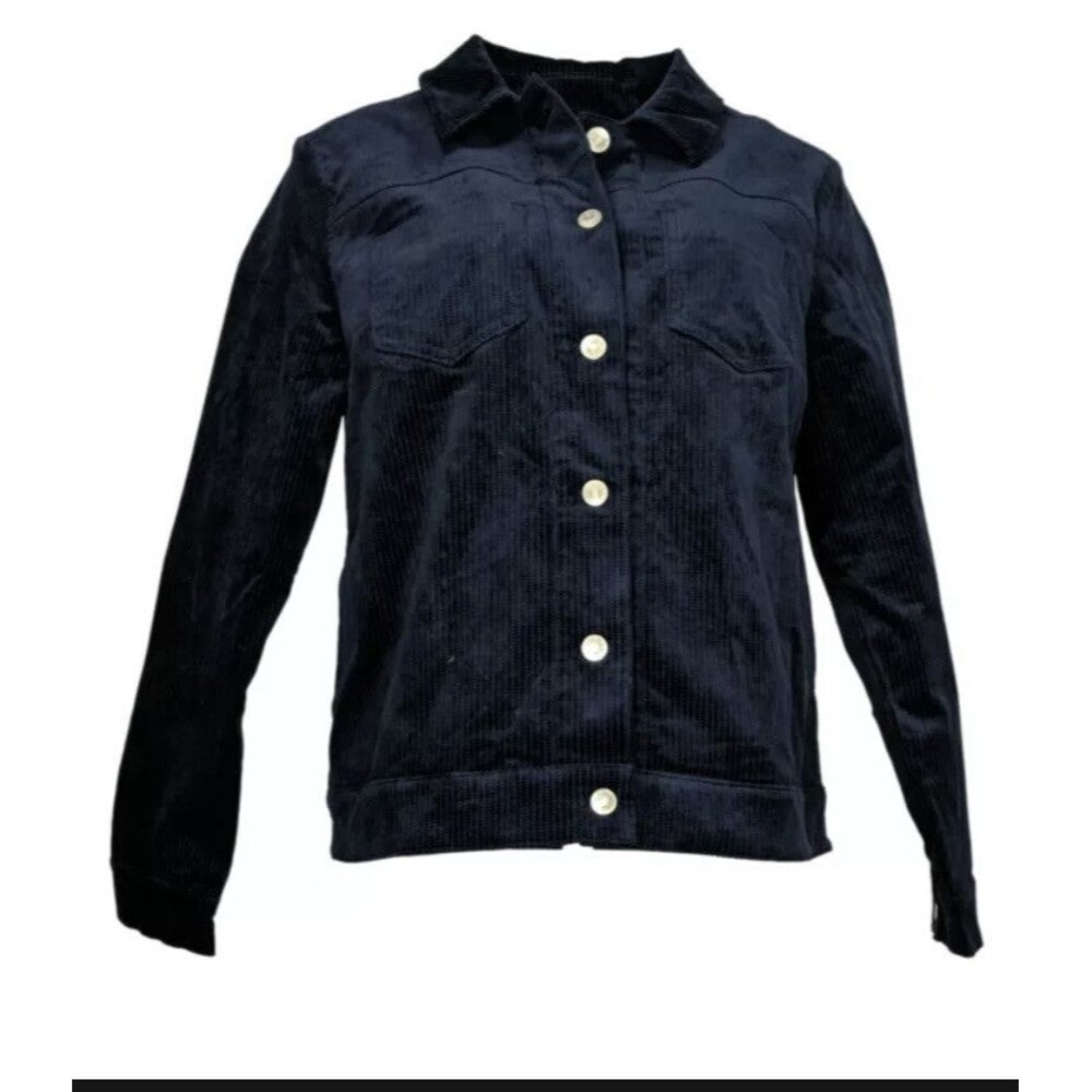 Navy Blue Corduroy Jacket Women's Size Medium Denim & Co Coat Crop Classic Top